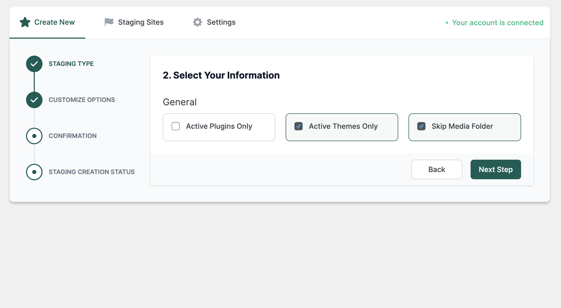 Staging Process - Select Options.