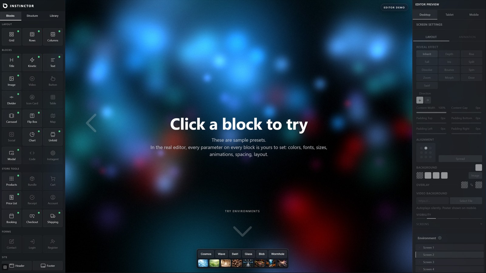 The Impulse editor: drag in layout, content, store and form blocks, and tune every setting per device. The WebGL backgrounds shown run in the editor; publishing them requires Instinctor Pro.