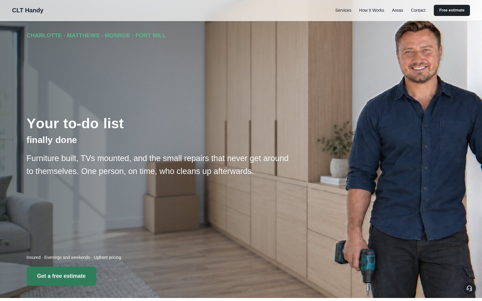 CLT Handy, a handyman business site built with Instinctor: hero, service areas, estimate request and live chat.