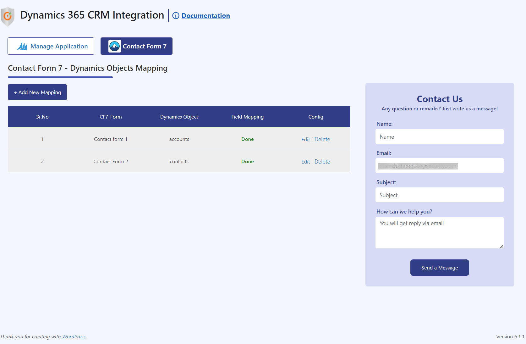 Contact Form 7 And Dynamics Object Mapping List.