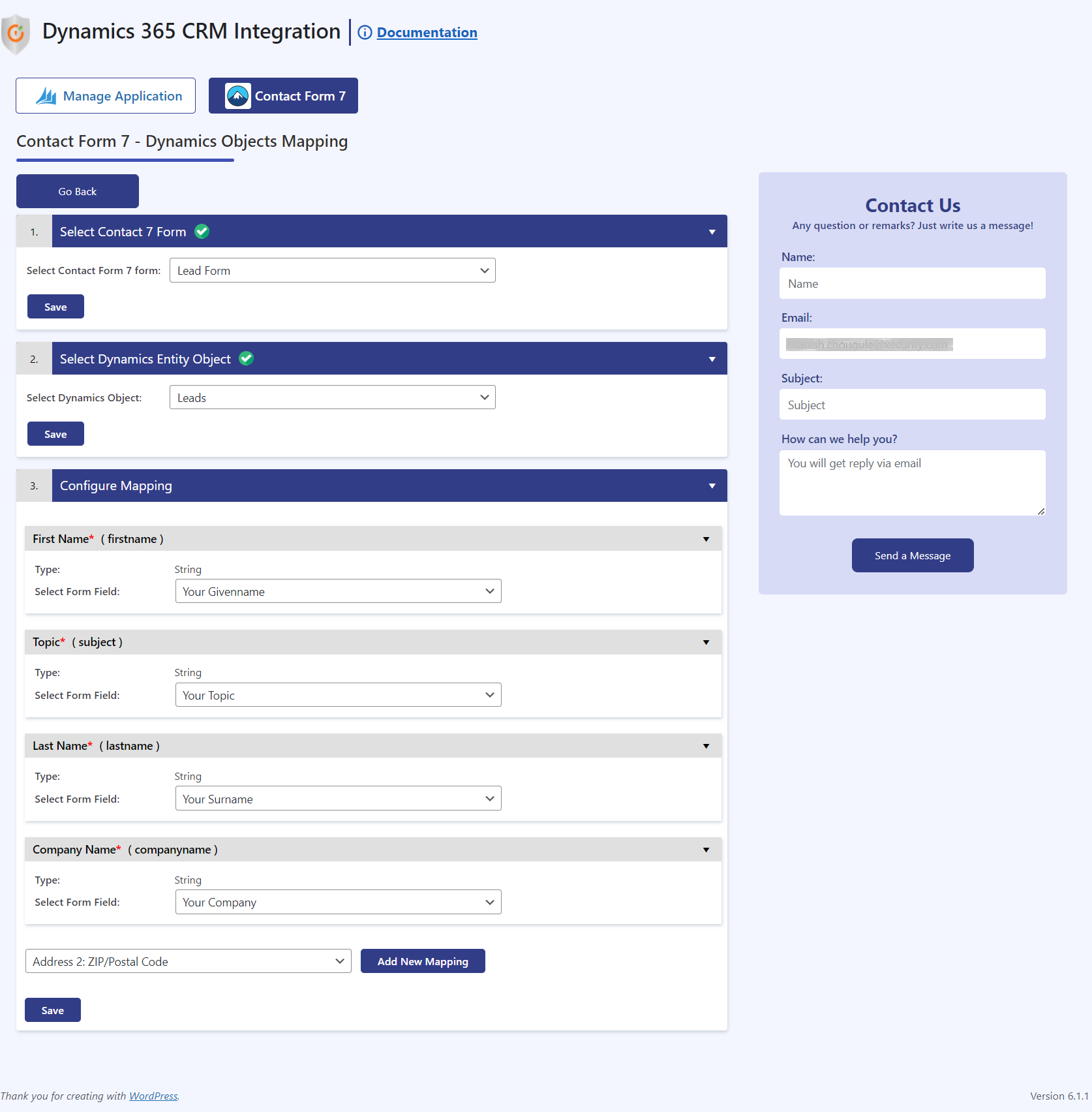 Add new Mapping for Contact Form 7 form fields and Dynamics Object attributes.