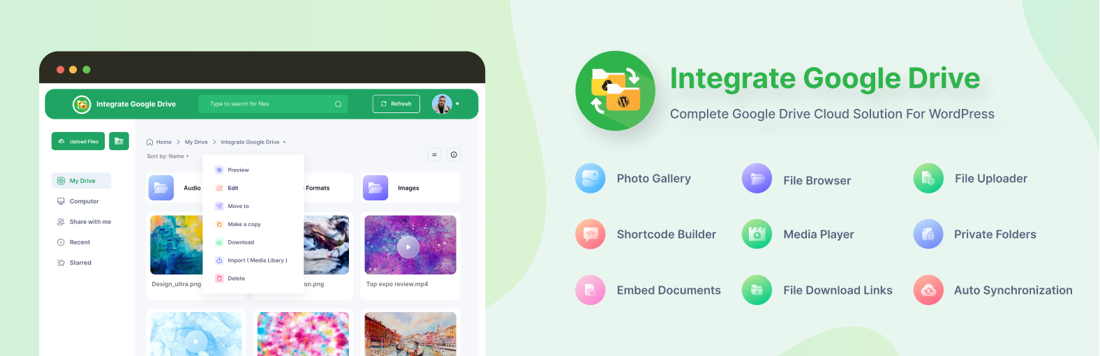 Product image for Integrate Google Drive – Browse, Upload, Download, Embed, Play, Share, Gallery, and Manage Your Google Drive Files Into Your WordPress Site.