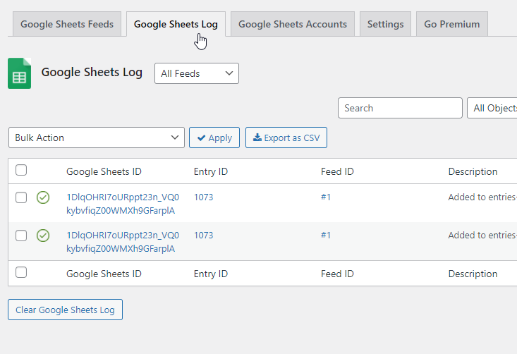 Google Sheets logs.