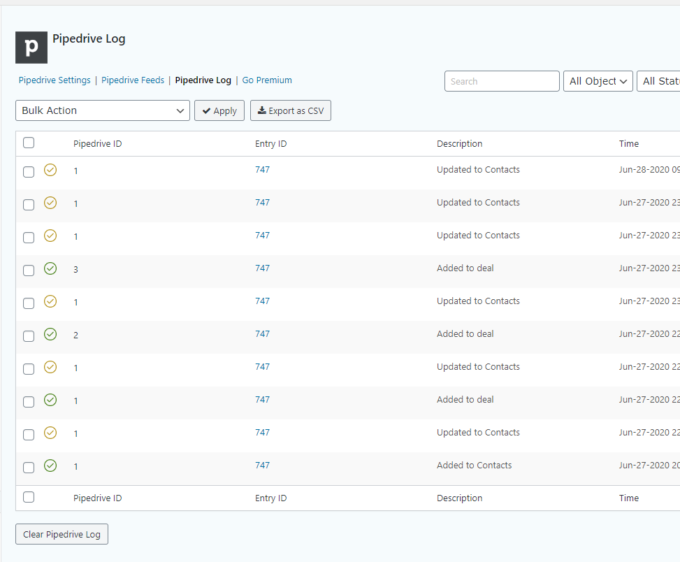 Gravity Forms Pipedrive crm logs.