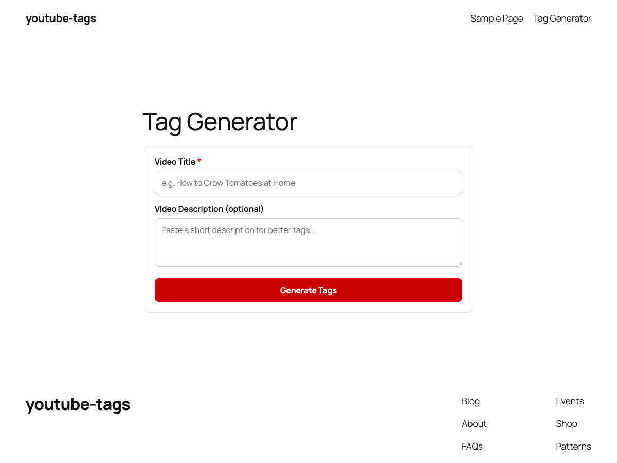 The tag generator form on the frontend.