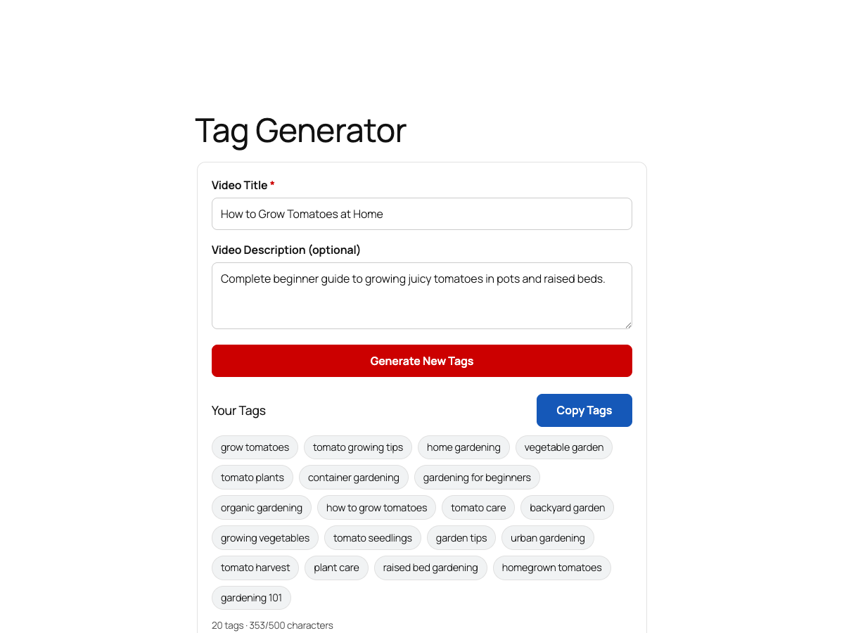 Twenty generated tags with the one-click copy button and 500-character counter.