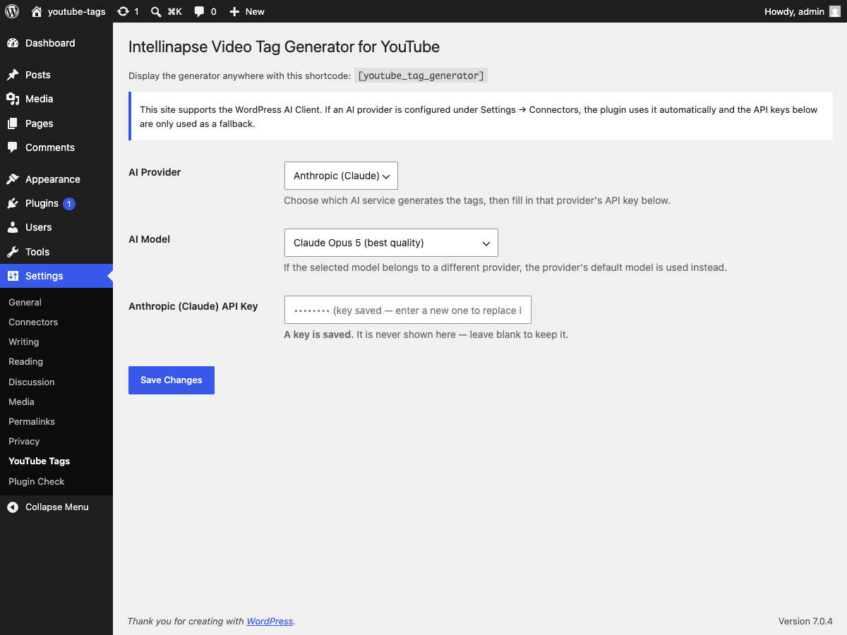 Settings page: choose your AI provider, model, and API key.