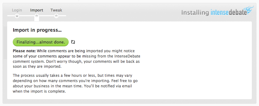 Second step of the registration process - the import to convert all your existing comments into IntenseDebate goodness.