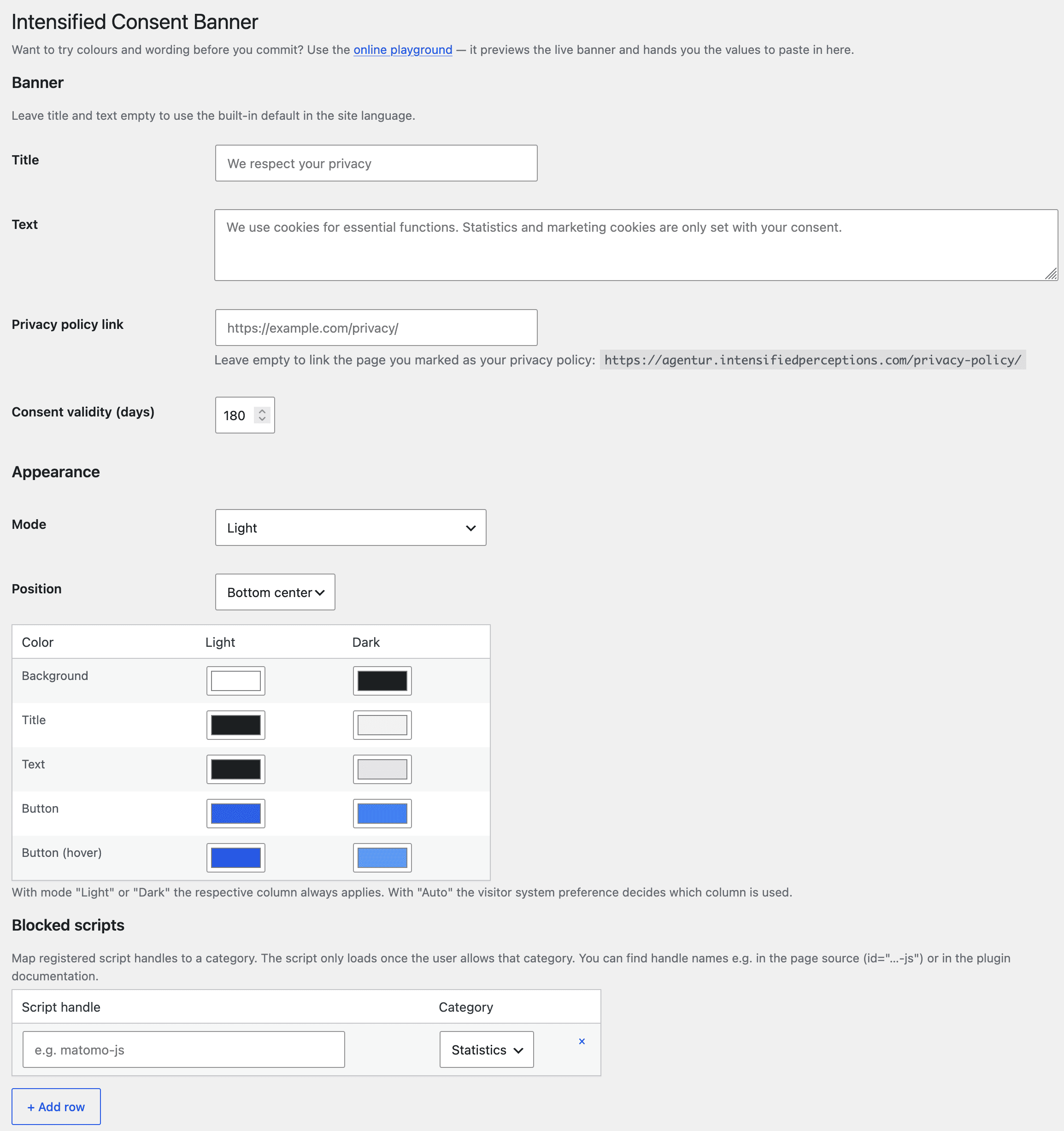 The settings page: banner text, privacy policy link, appearance, and script blocking — plus cookie deletion and embed providers further down, all on a single screen