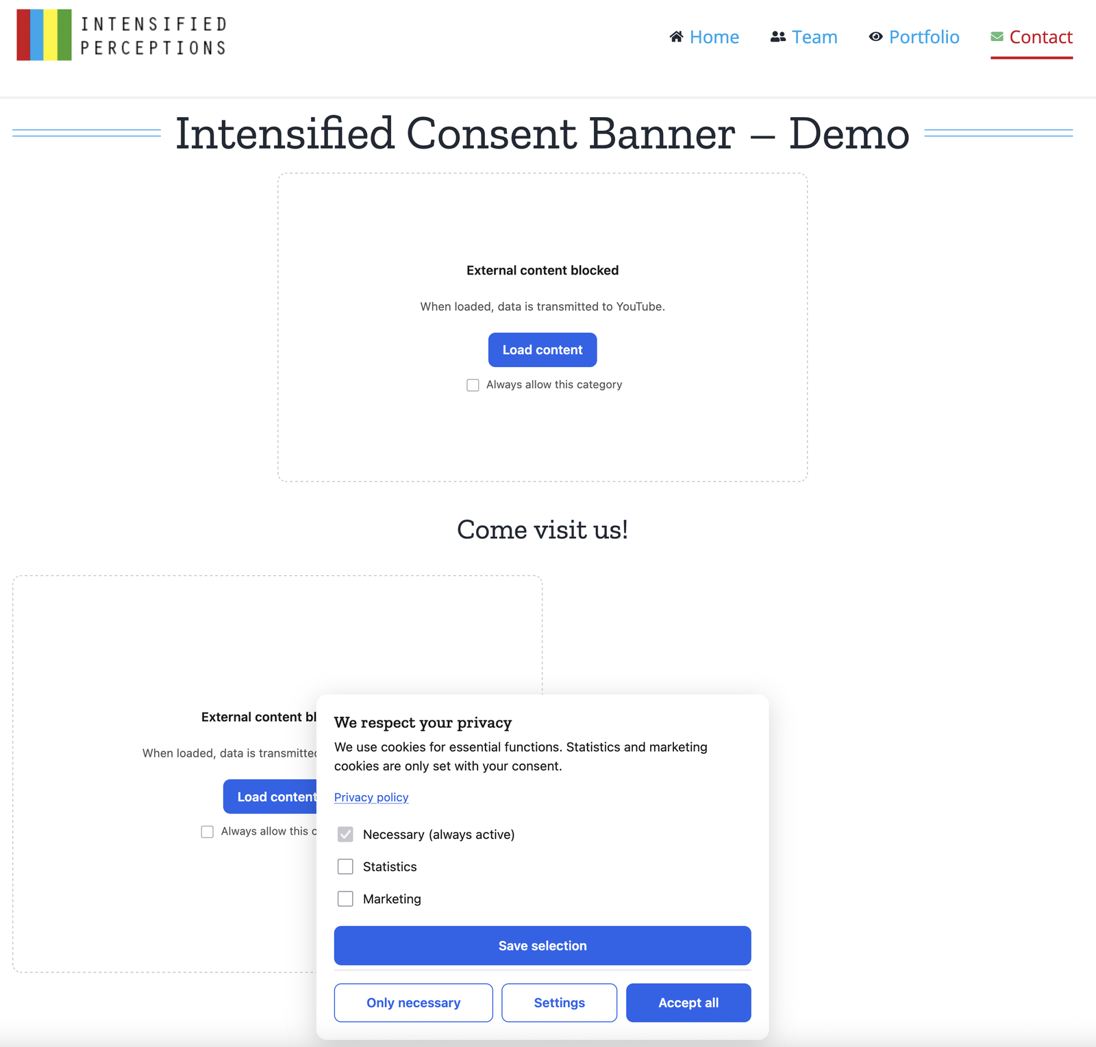 YouTube and Google Maps embeds held back until the visitor consents, each replaced by a placeholder that names the provider the data would go to