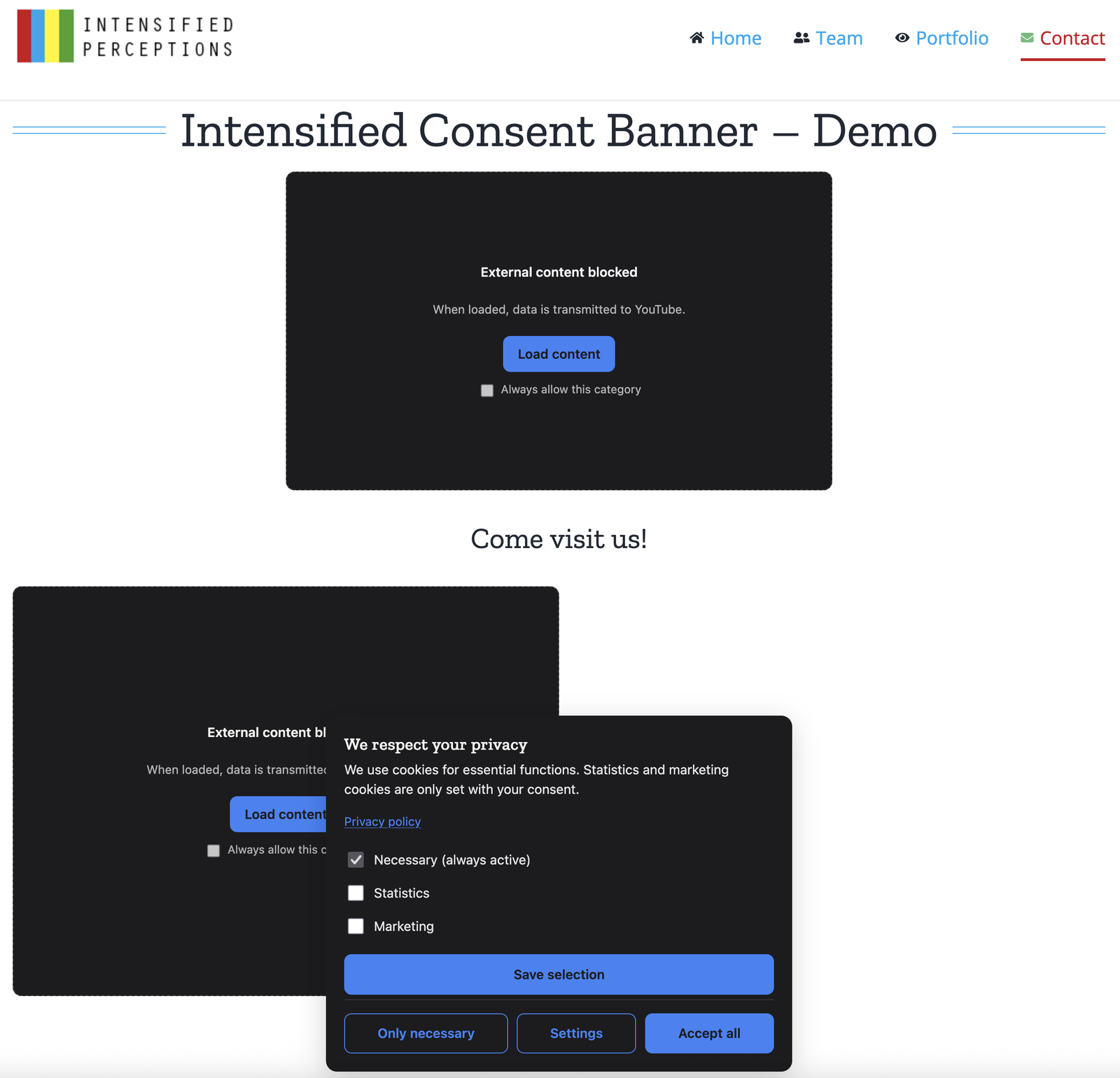 Dark mode: the banner and both embed placeholders follow the same custom palette