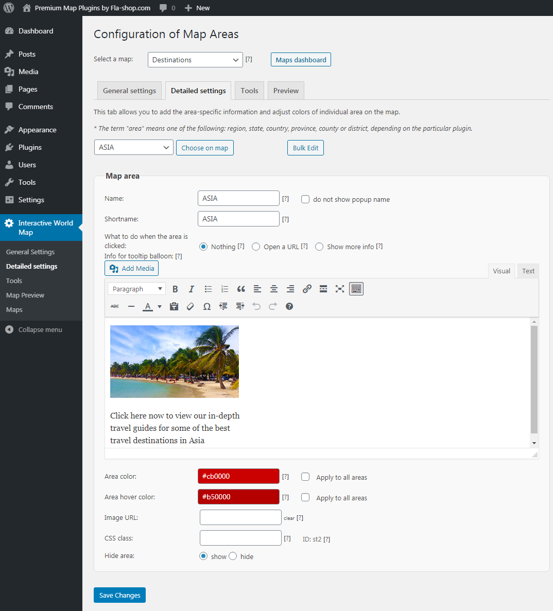 Detailed settings for the continent