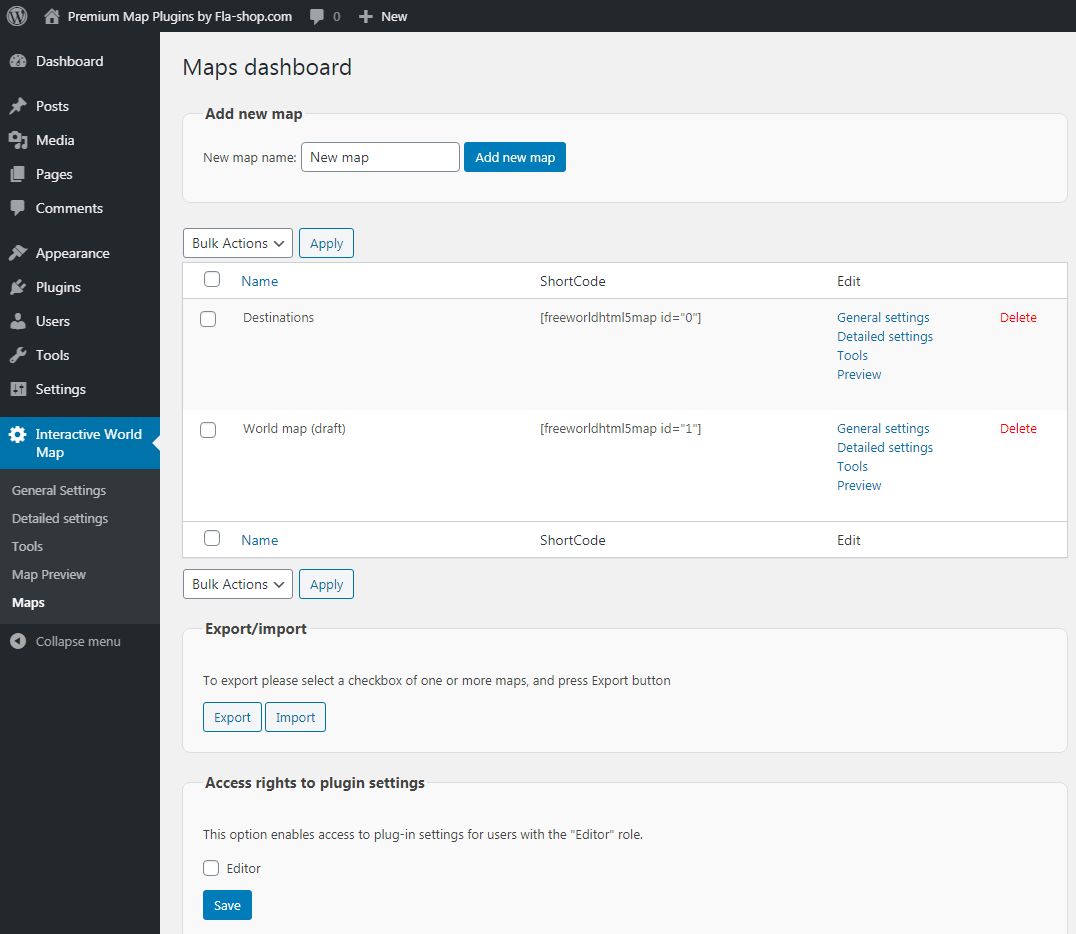 Export/import maps for transfer between sites and backup