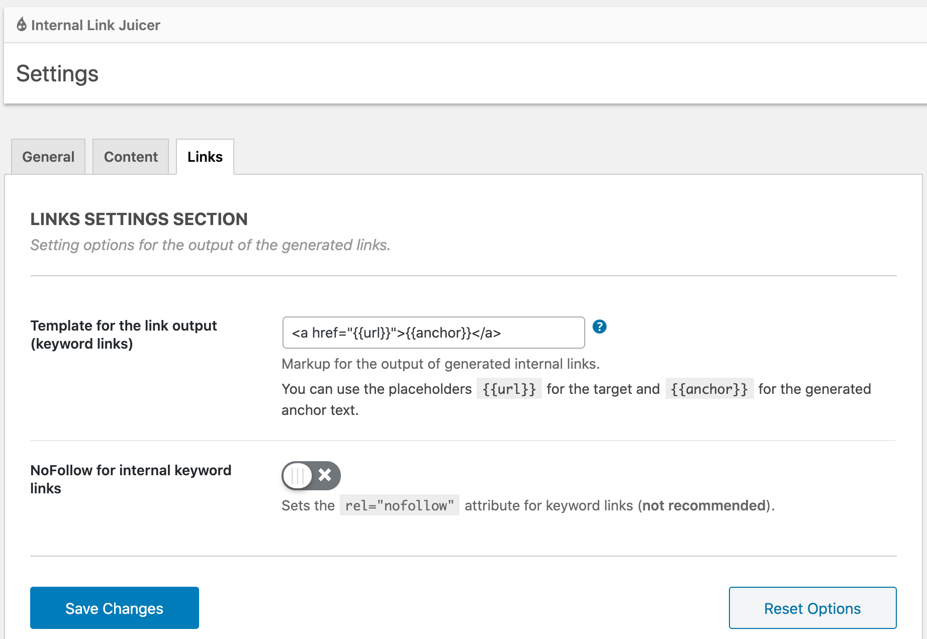 Link Settings - personalize a saída dos links gerados e defina-os para não seguir, se desejar.