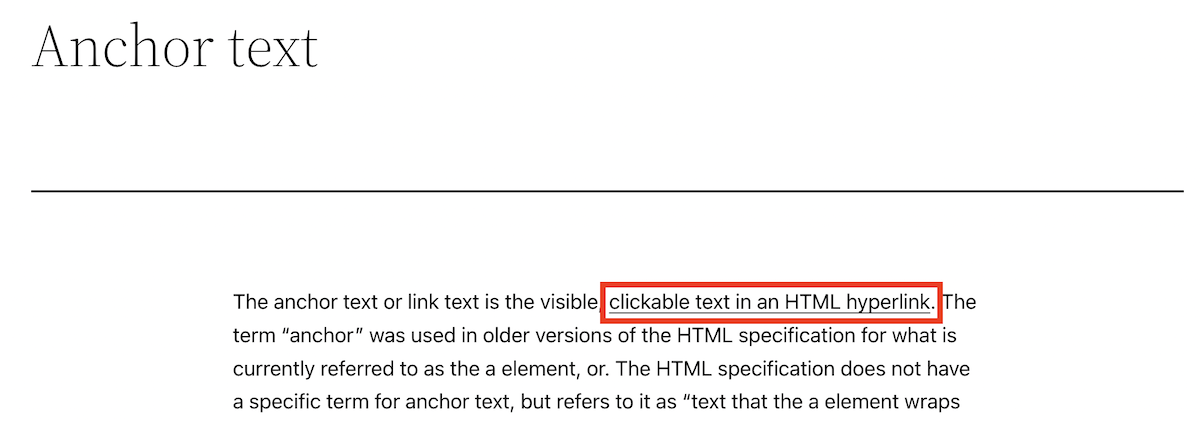 The frontend output of another article about the topic "Anchor text". The content contains a phrase, which corresponds to the configuration as seen in screenshot #3. The Internal Link Juicer automatically builds a link to the post about "Hyperlinks".