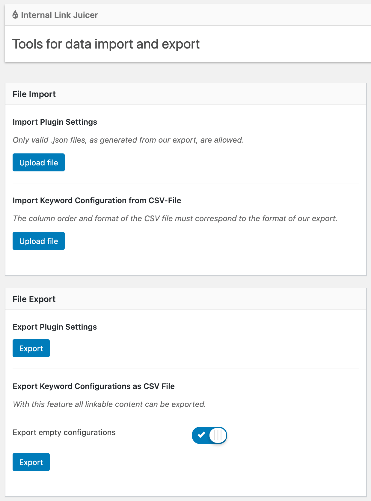 Seção Importar e Exportar - Aqui você pode importar e exportar facilmente as configurações do plugin ou as palavras-chave configuradas.