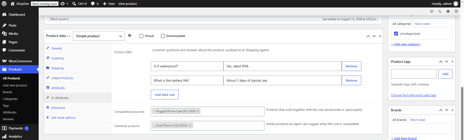 The "AI Attributes" tab in the product editor: add product Q&A, compatible accessories, and substitute products.