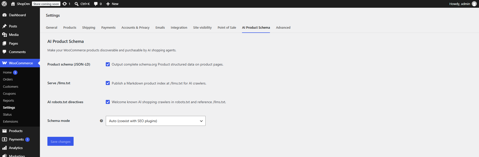 AI Product Schema settings under WooCommerce → Settings: toggle Product schema, /llms.txt, and AI robots.txt, and choose the schema mode.