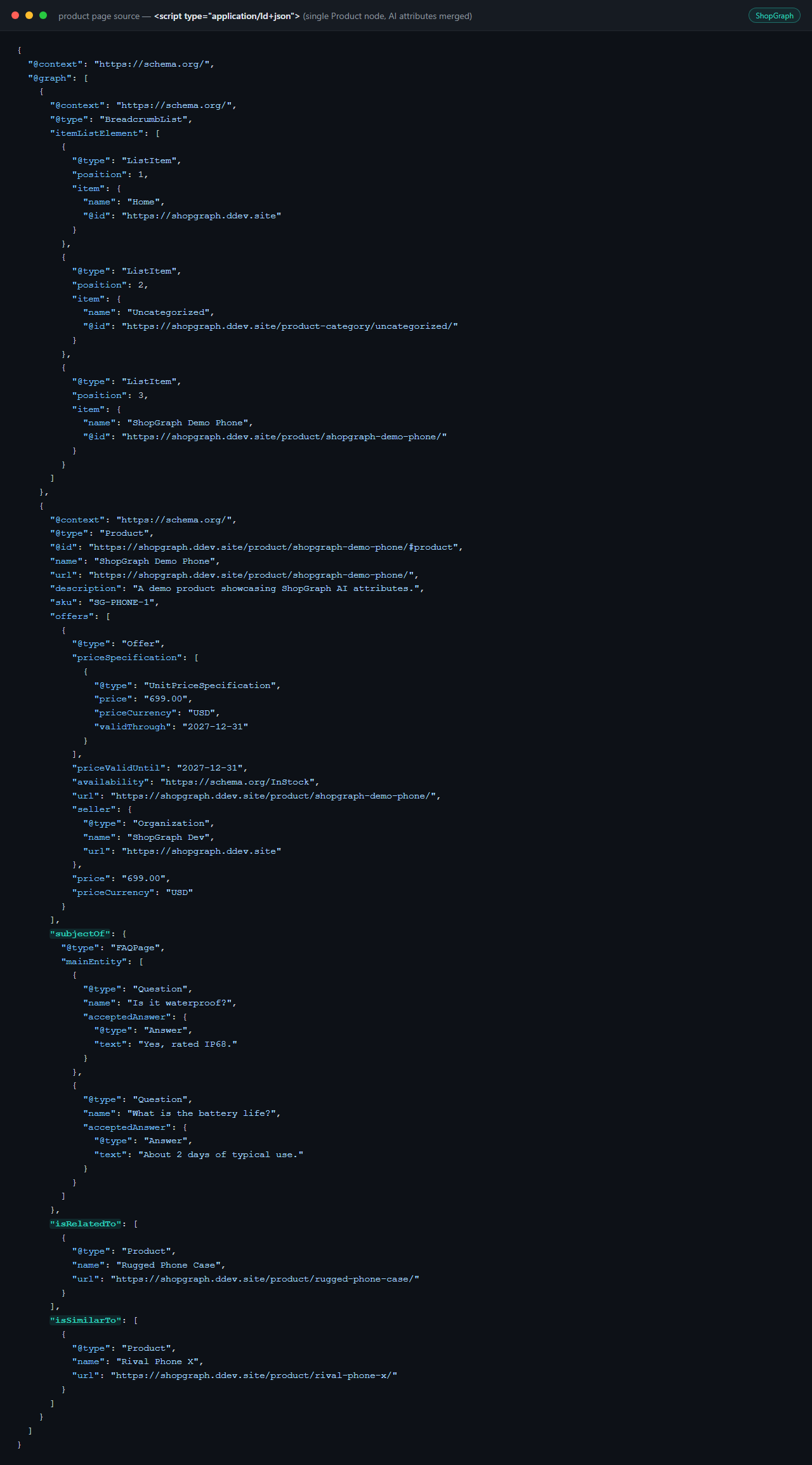 The complete schema.org Product JSON-LD emitted on a product page, with AI attributes merged in (no duplicate node).