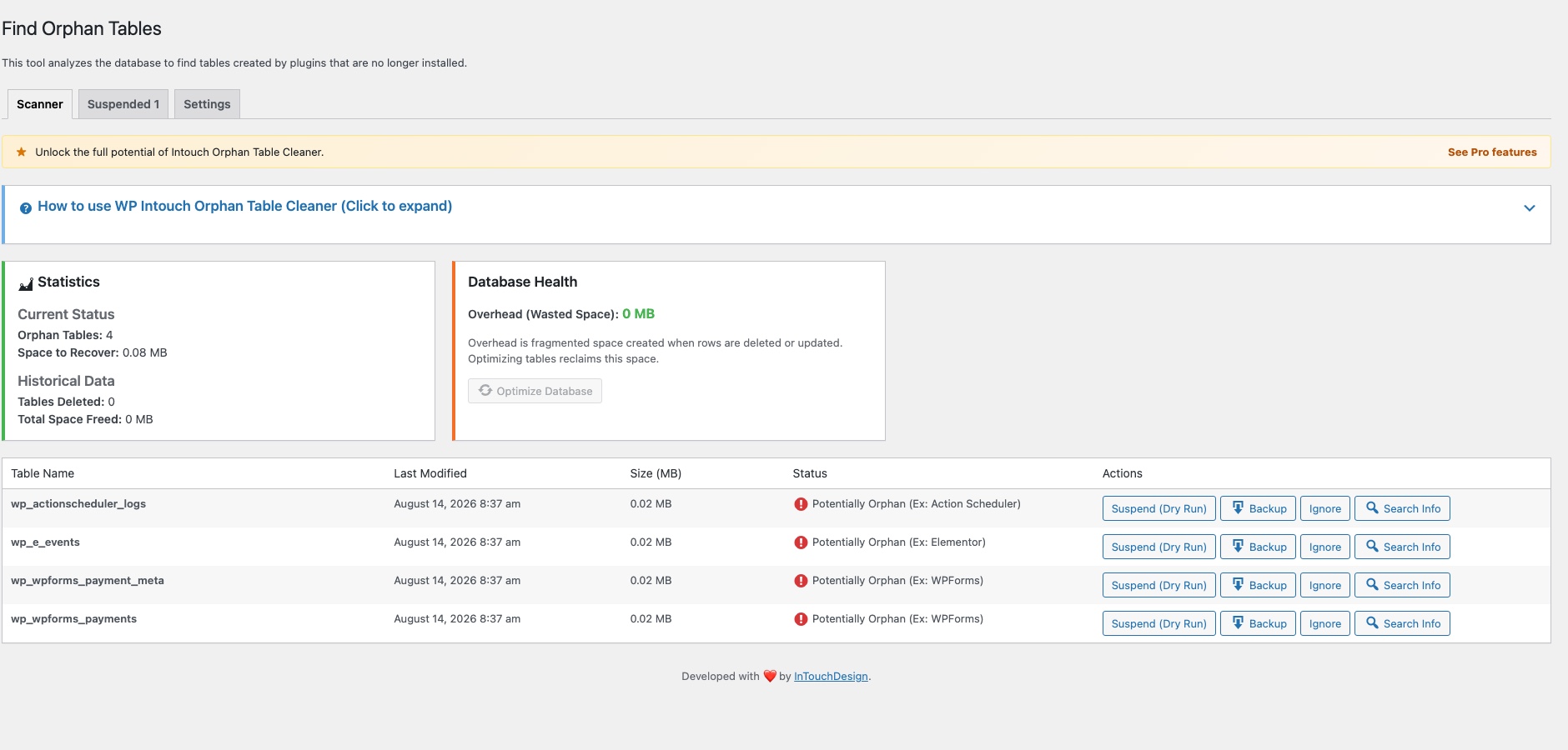 The main Scanner dashboard showing orphan tables mapped to their original plugins.