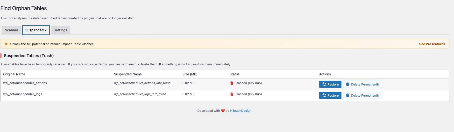 The Suspended (Trash) tab, where safely suspended tables can be restored or permanently deleted.