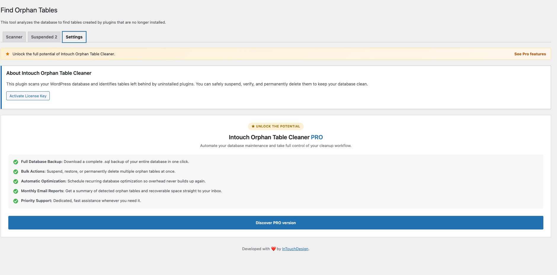 The Settings tab, with an overview of Pro features available via upgrade.