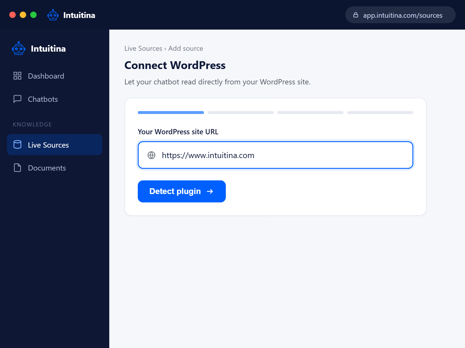 Start in your Intuitina dashboard: Live Sources, then Connect WordPress.