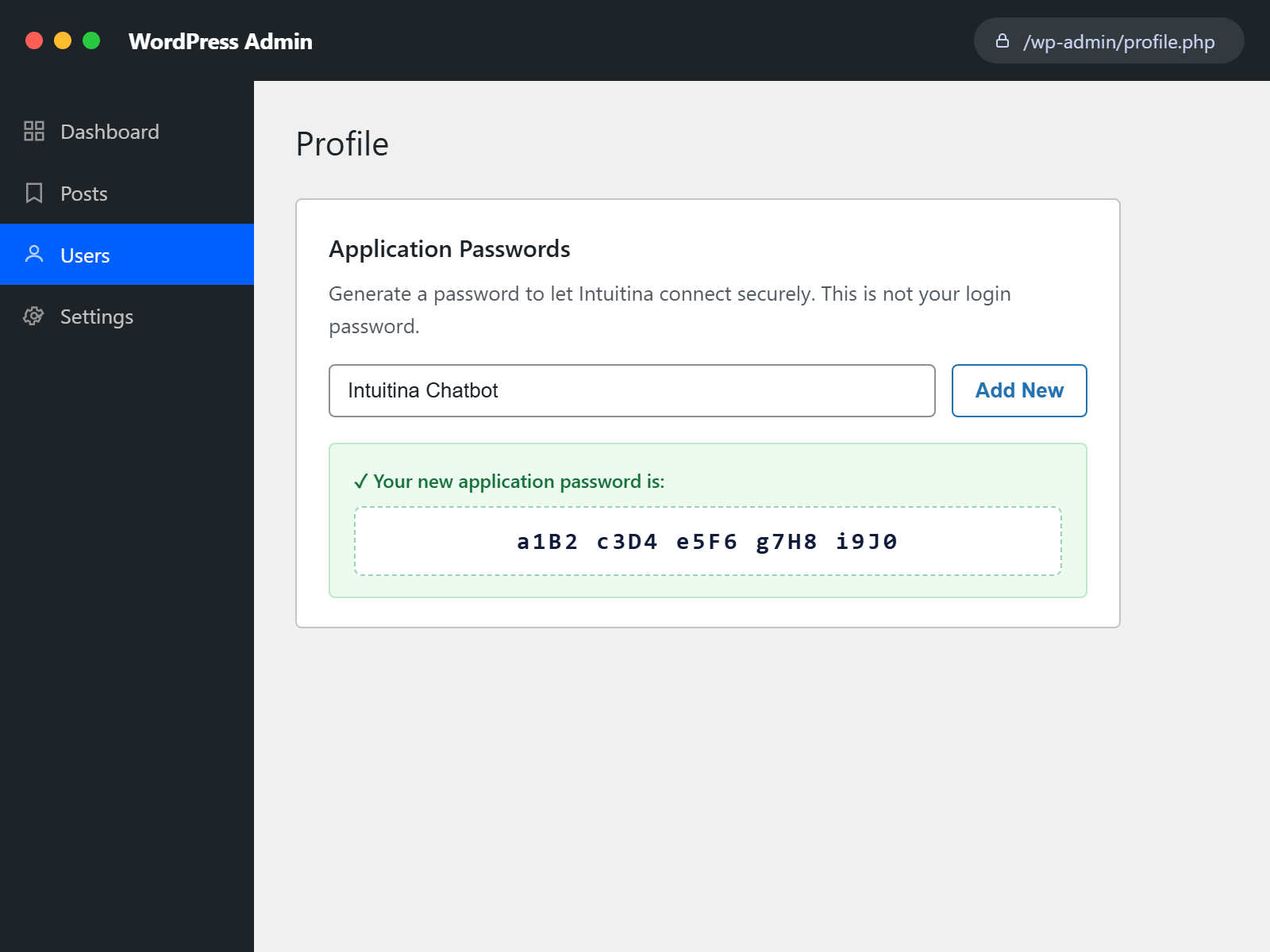 Create a WordPress Application Password with the guided wizard.