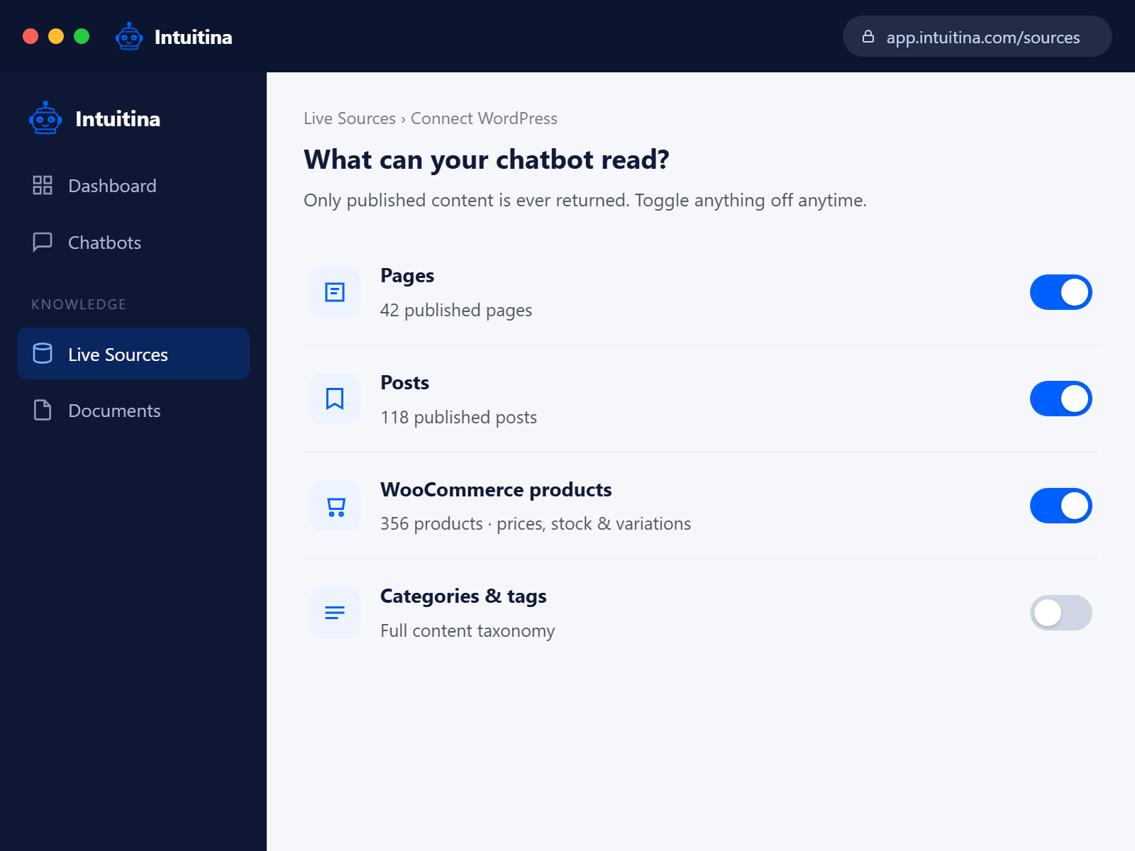 Select exactly which content your chatbot is allowed to access.