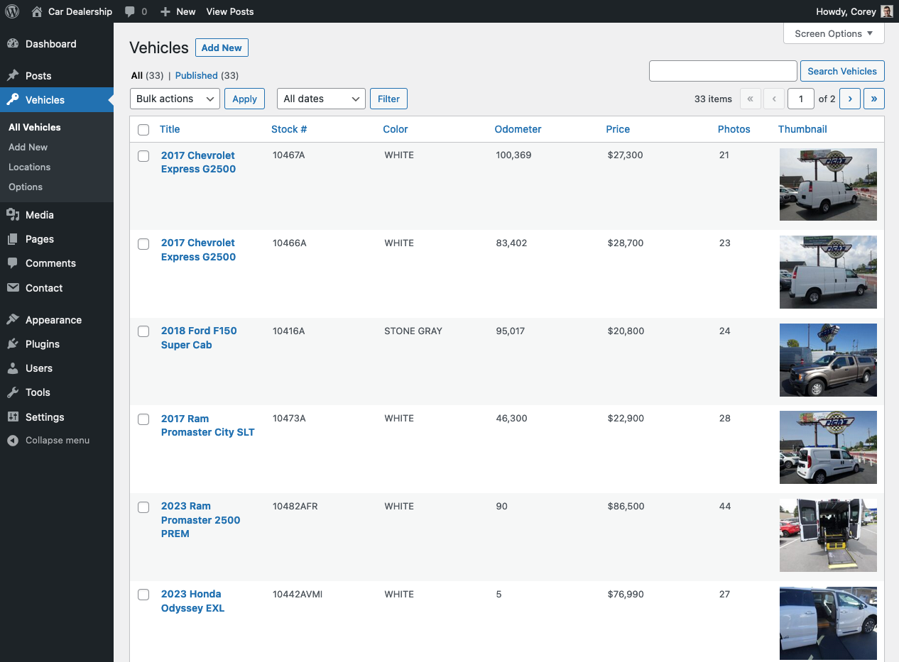 This is a list of vehicles in the administrator dashboard that the user sees when she clicks the Vehicles or All Vehicles menu items. Each vehicle is listed by year, make, model, trim, stock number, color, odometer, price, and photo count. If the vehicle has photos, a thumbnail is also shown. This screen shot was taken on version 3.1.0.