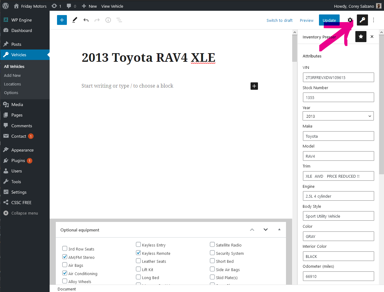 This screenshot shows a vehicle post in the WordPress block editor. An editor sidebar for the Inventory Presser plugin is expanded and contains vehicle attribute fields. An arrow points to a button with a key on it that reveals the editor sidebar.