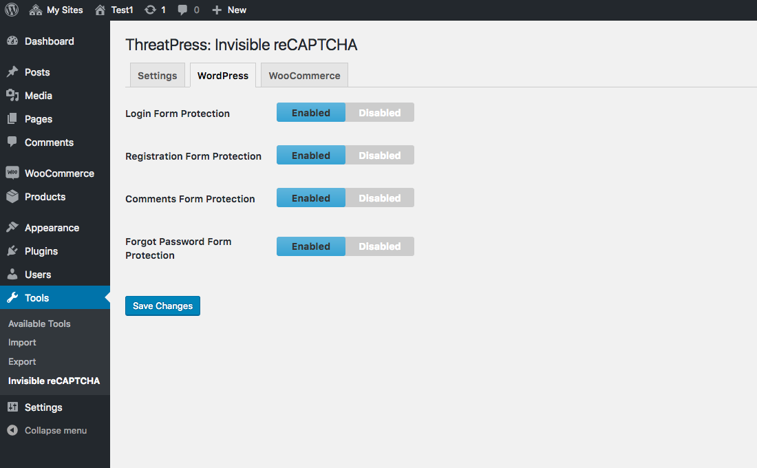 Invisible reCAPTCHA WordPress settings