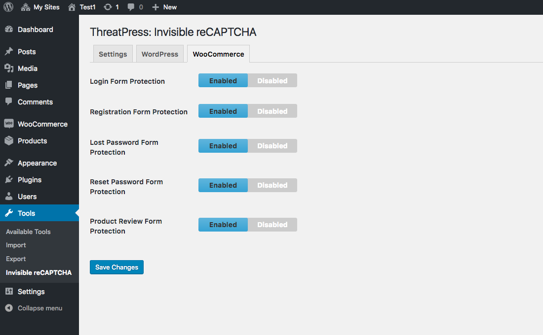 Invisible reCAPTCHA WooCommerce settings