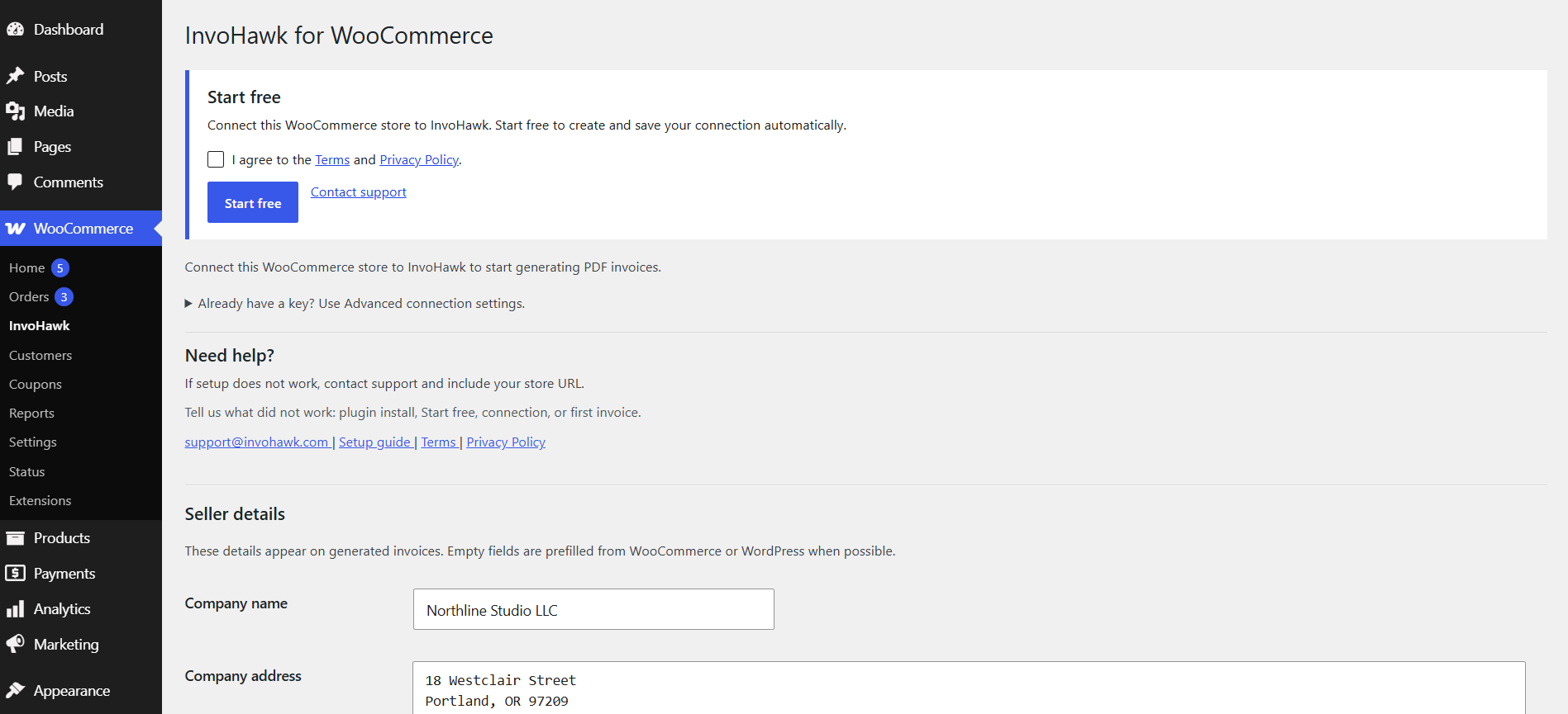 Start free setup inside WooCommerce > InvoHawk.