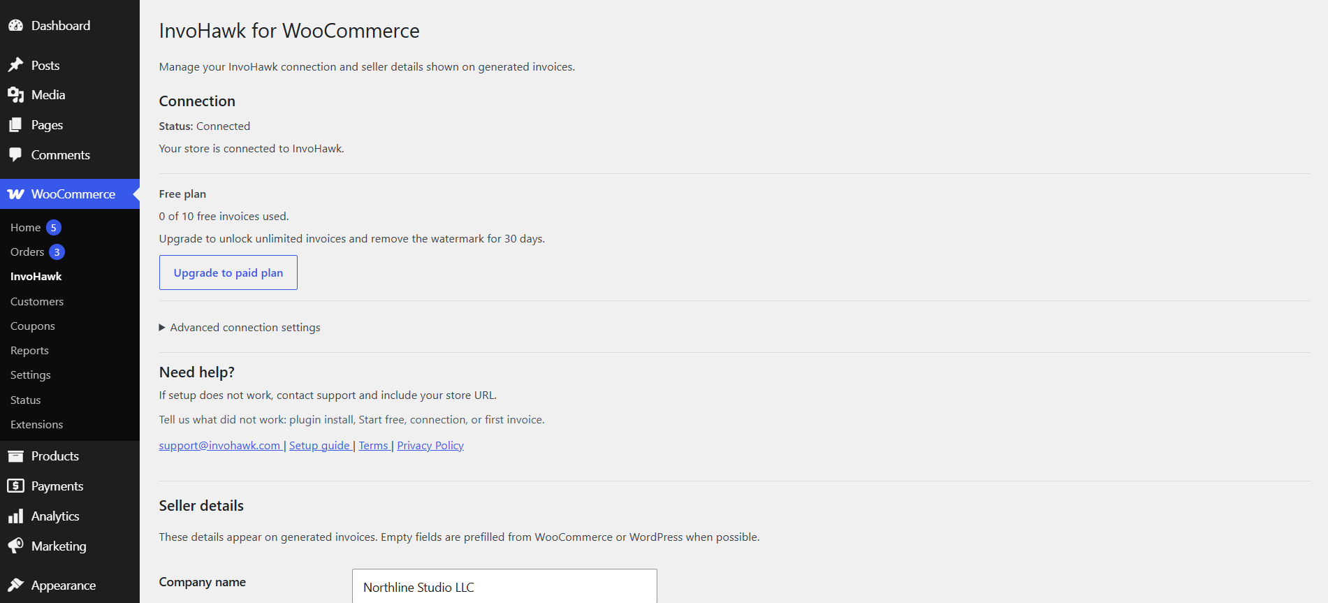 Connected InvoHawk settings with plan status and seller details.