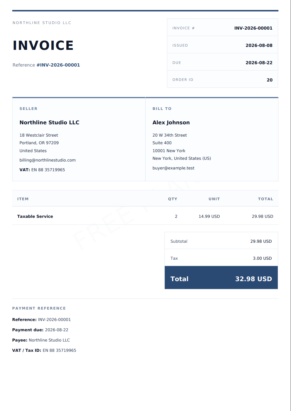 Example PDF invoice generated from a WooCommerce order.