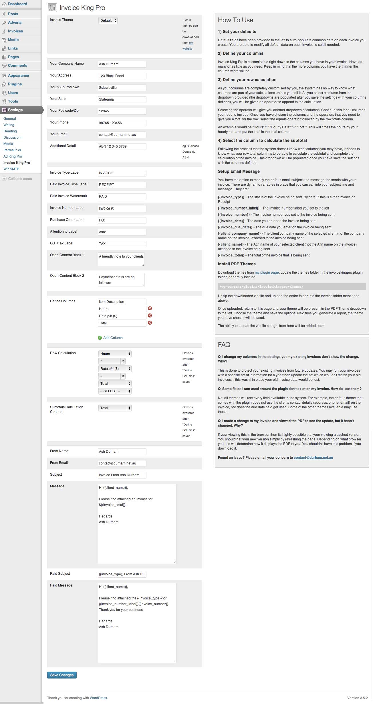 Settings page filled in with example content