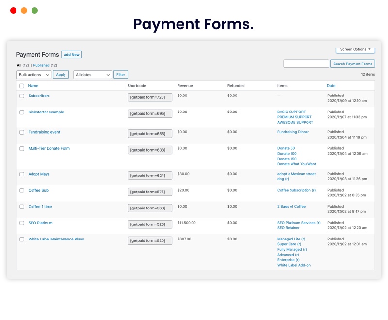 Admin payment forms list table.