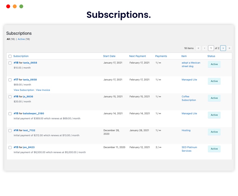 Admin subscriptions list table.