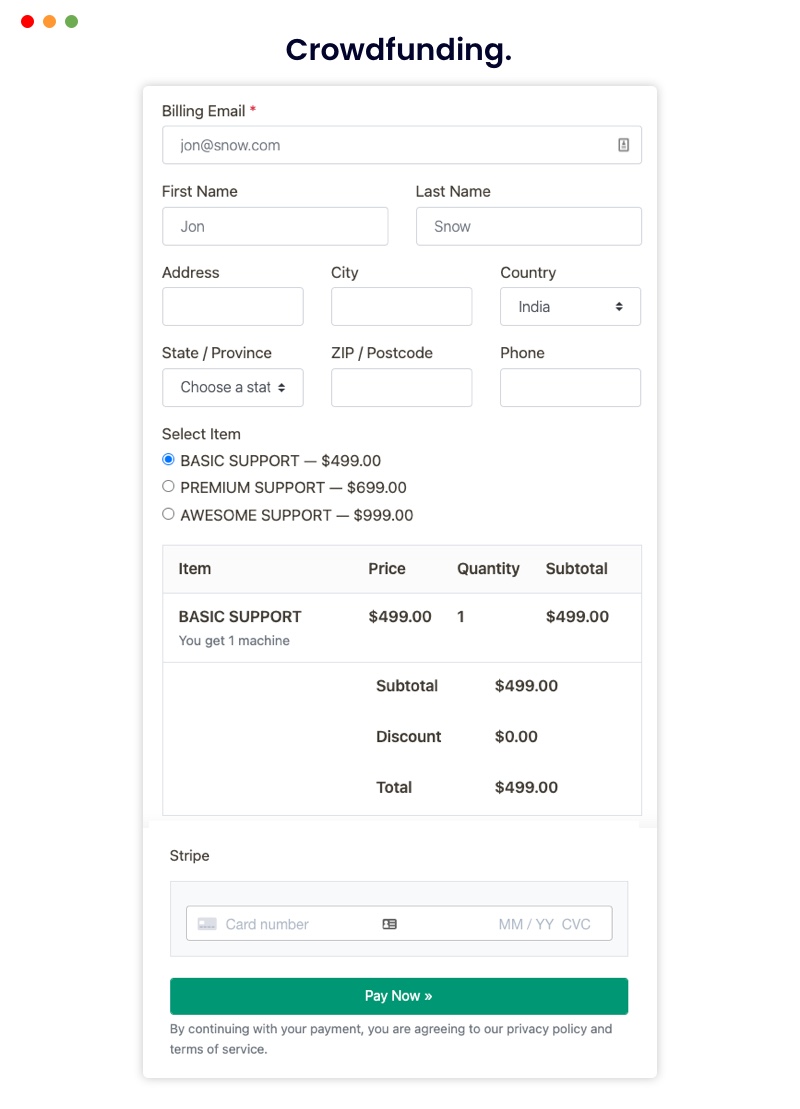 Sample crowdfunding payment form.