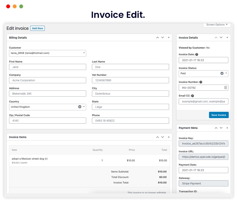 Invoice edit screen.