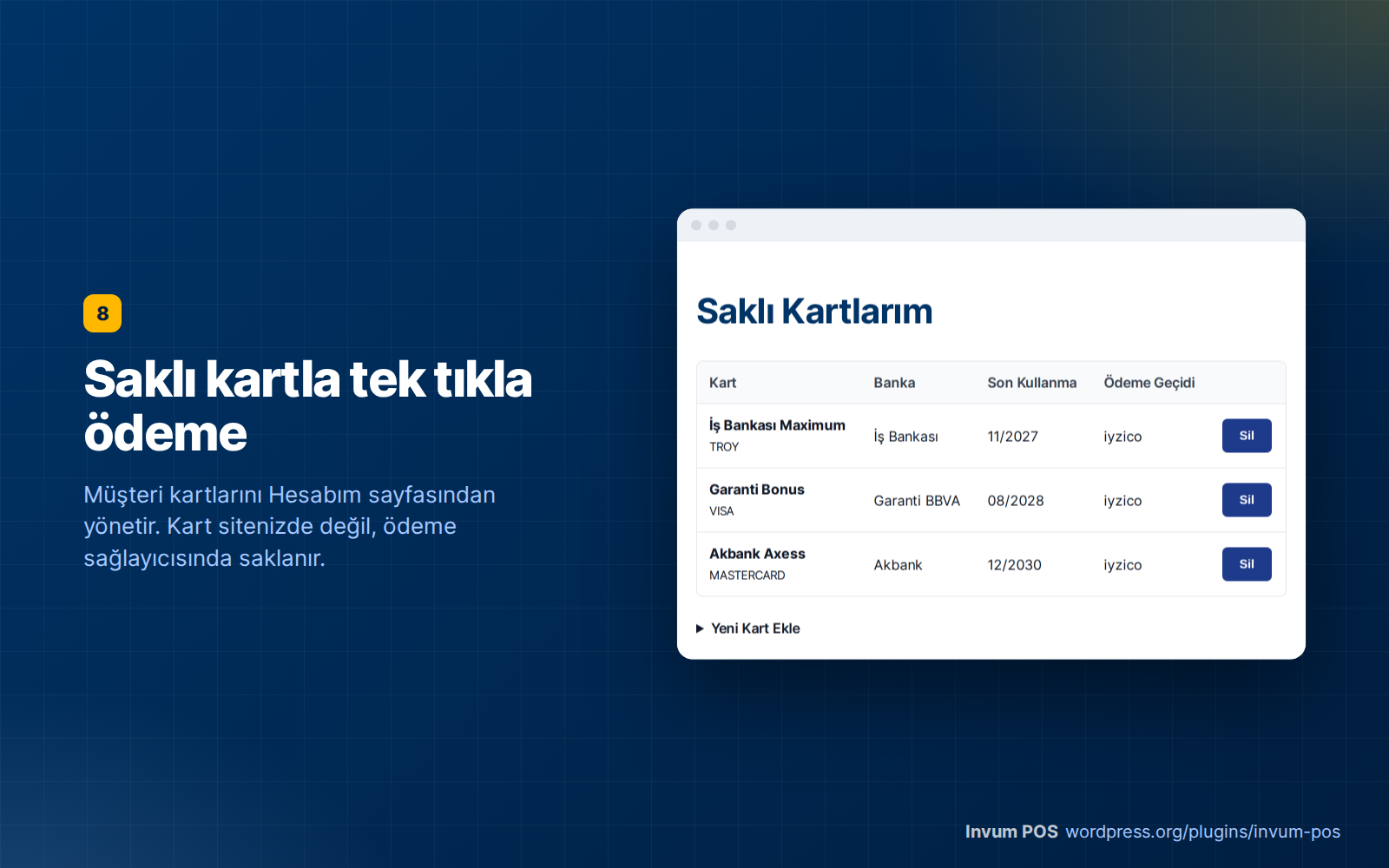 Saklı kartla tek tıkla ödeme — müşteri kartlarını Hesabım sayfasından yönetir.