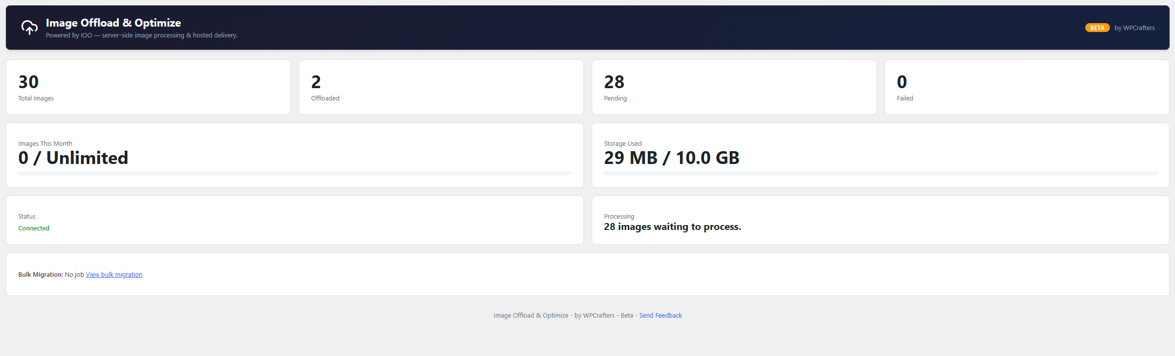 Dashboard — image counts, storage used, and connection status