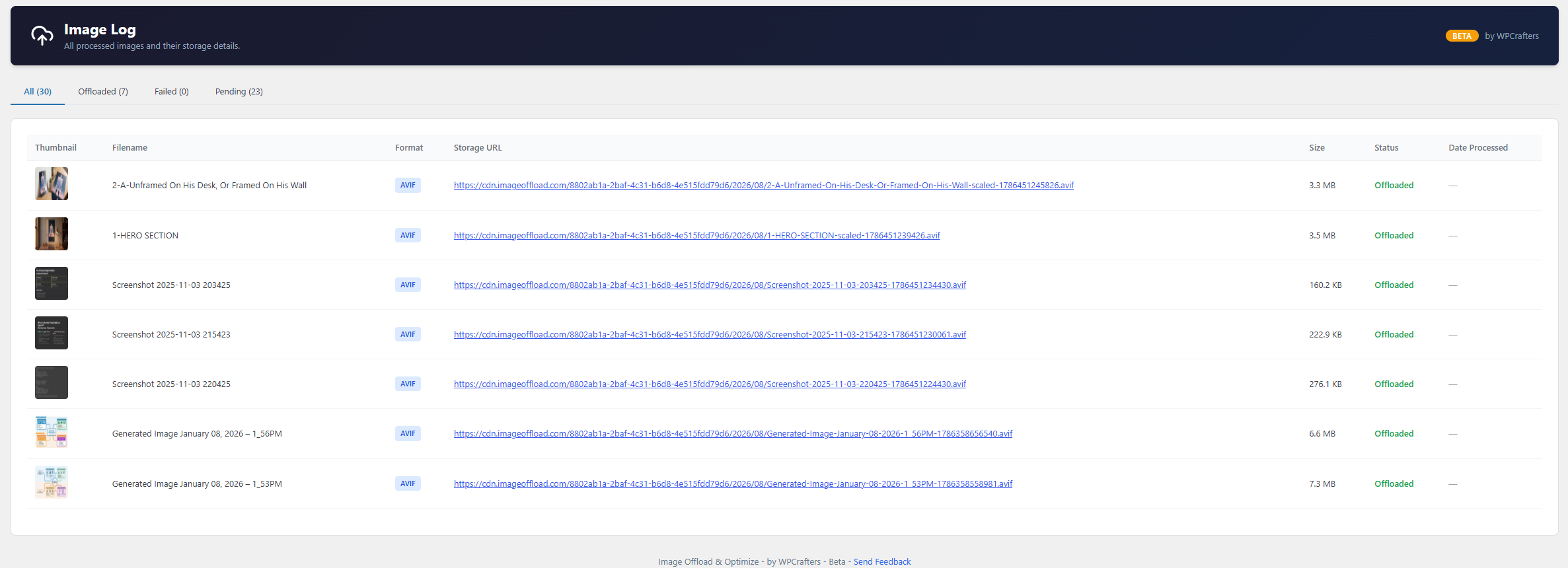 Image log — every processed image with its hosted CDN URL and format