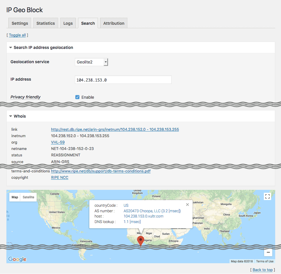 <strong>IP Geo Plugin</strong> - Search tab