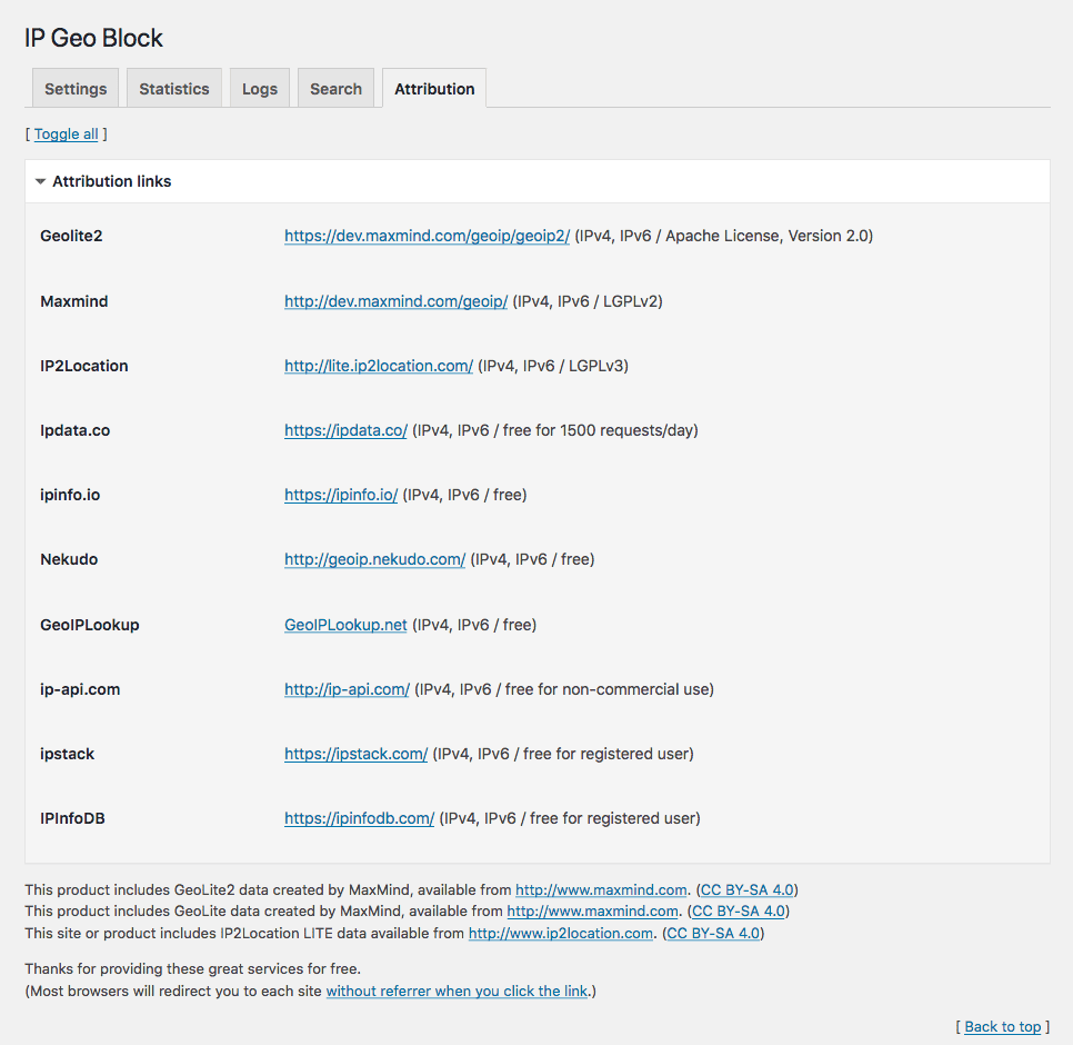 <strong>IP Geo Plugin</strong> - Attribution tab