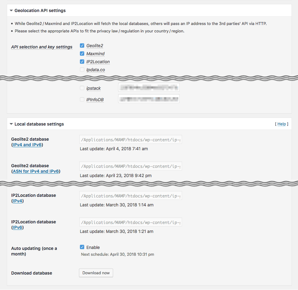 <strong>IP Geo Plugin</strong> - Geolocation API settings