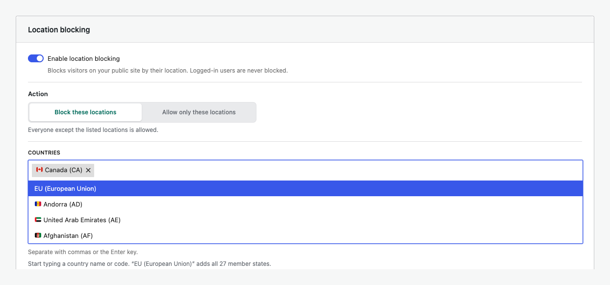 Searchable country blocking with European Union shortcuts.
