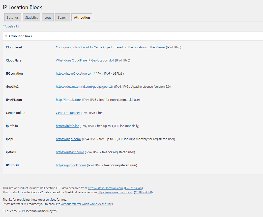 <strong>IP Location Plugin</strong> - Attribution tab
