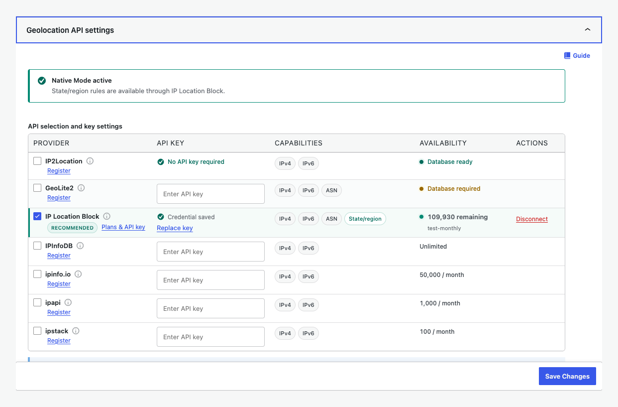 Manage provider precision, IPv6, ASN, quota, and connection status.